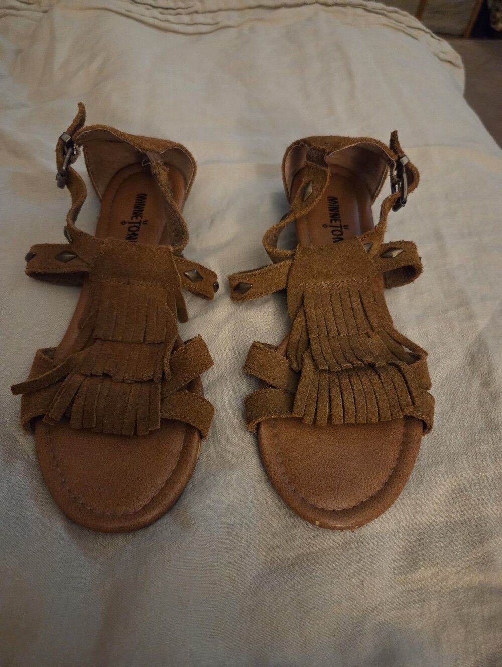 Minnetonka Tan Suede Fringe Sandals with Ankle Buckle